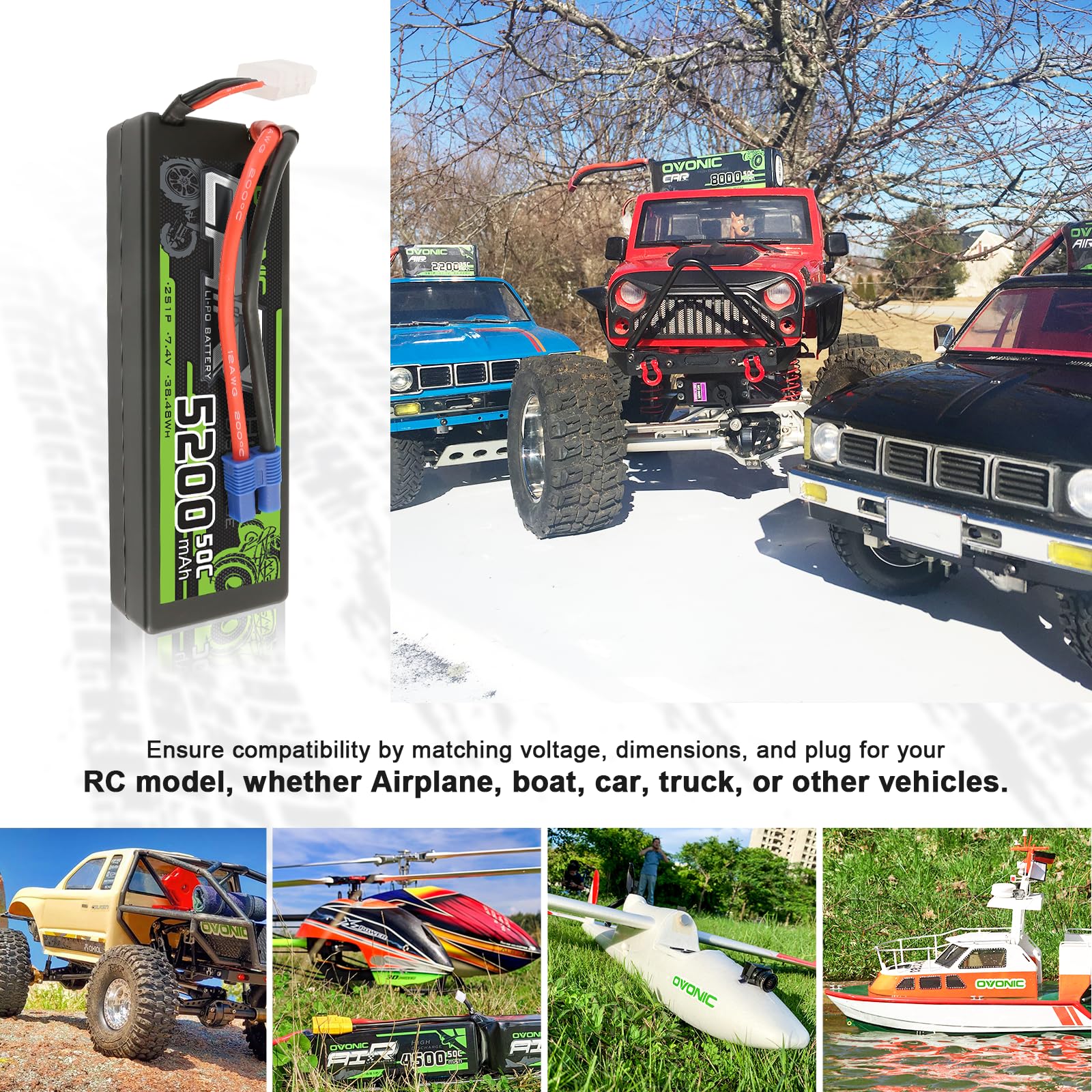 2 x OVONIC Lipo Battery 5200mAh 50C 7.4V 2S RC Battery with EC3 Connector & Lipo Voltage Checker