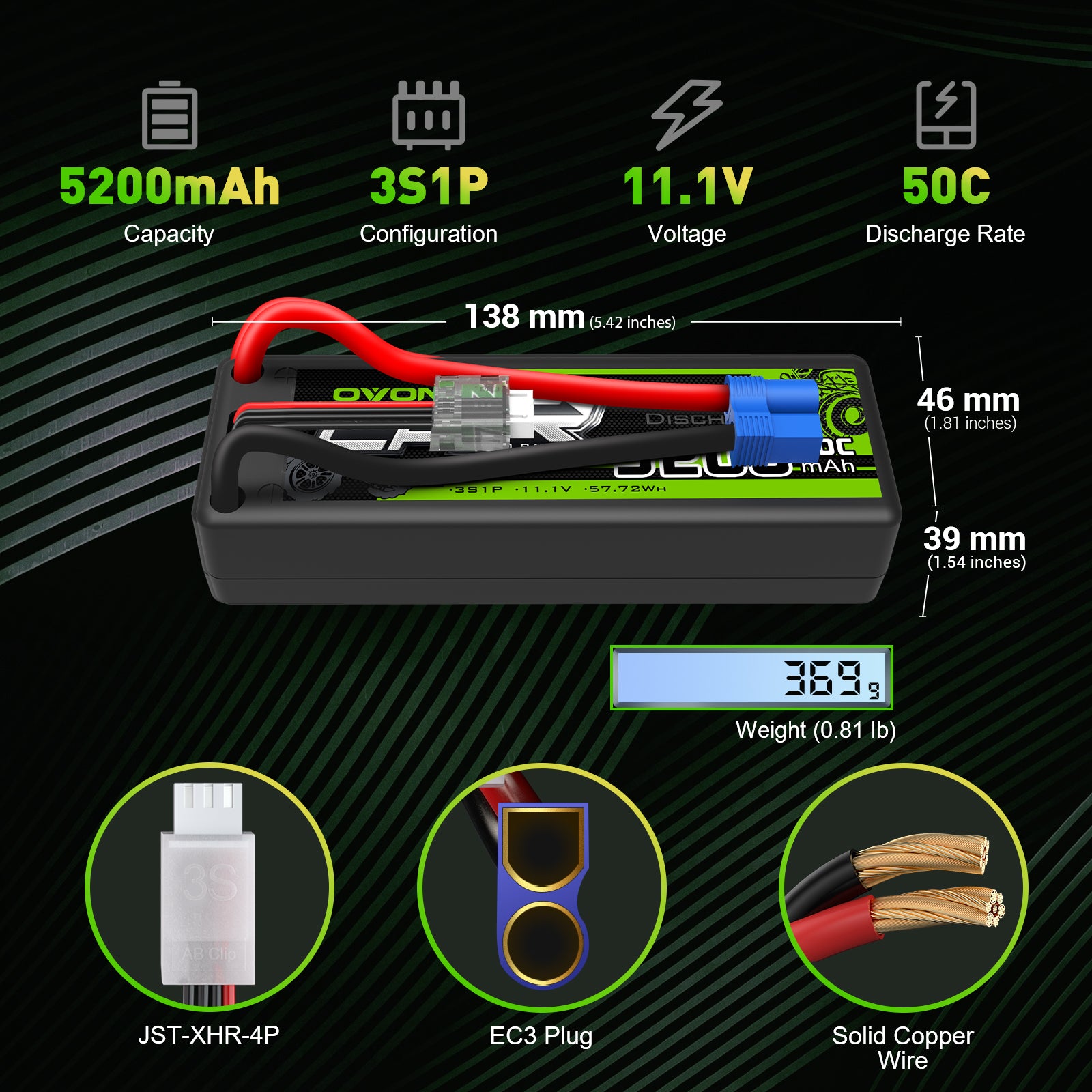 OVONIC 11.1V 5200mAh 3S1P 50C Hardcase LiPo 13# with EC3 for 1/10 RC car Boat