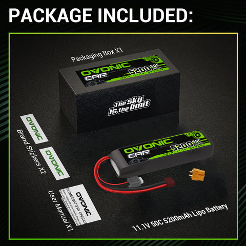 2x Ovonic 50C 3S1P 5200mAh 11.1V LiPo Battery for RC Car - Deans & XT60 Plug