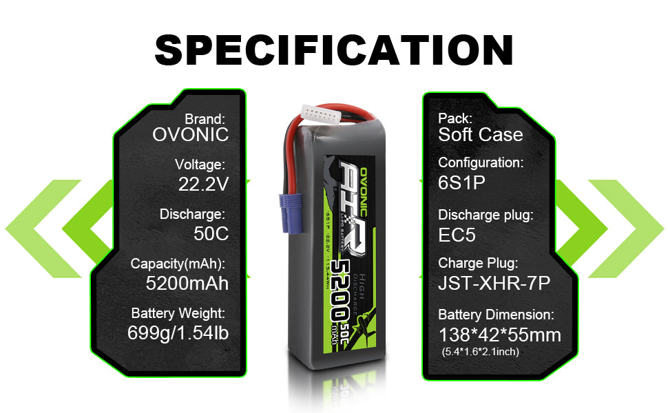 2 × OVONIC 6S 50C 22.2V 5200mAh LiPo Battery Pack With EC5 Plug for RC Plane DJI Quadcopter RC Airplane RC Helicopter RC Car Truck Boat
