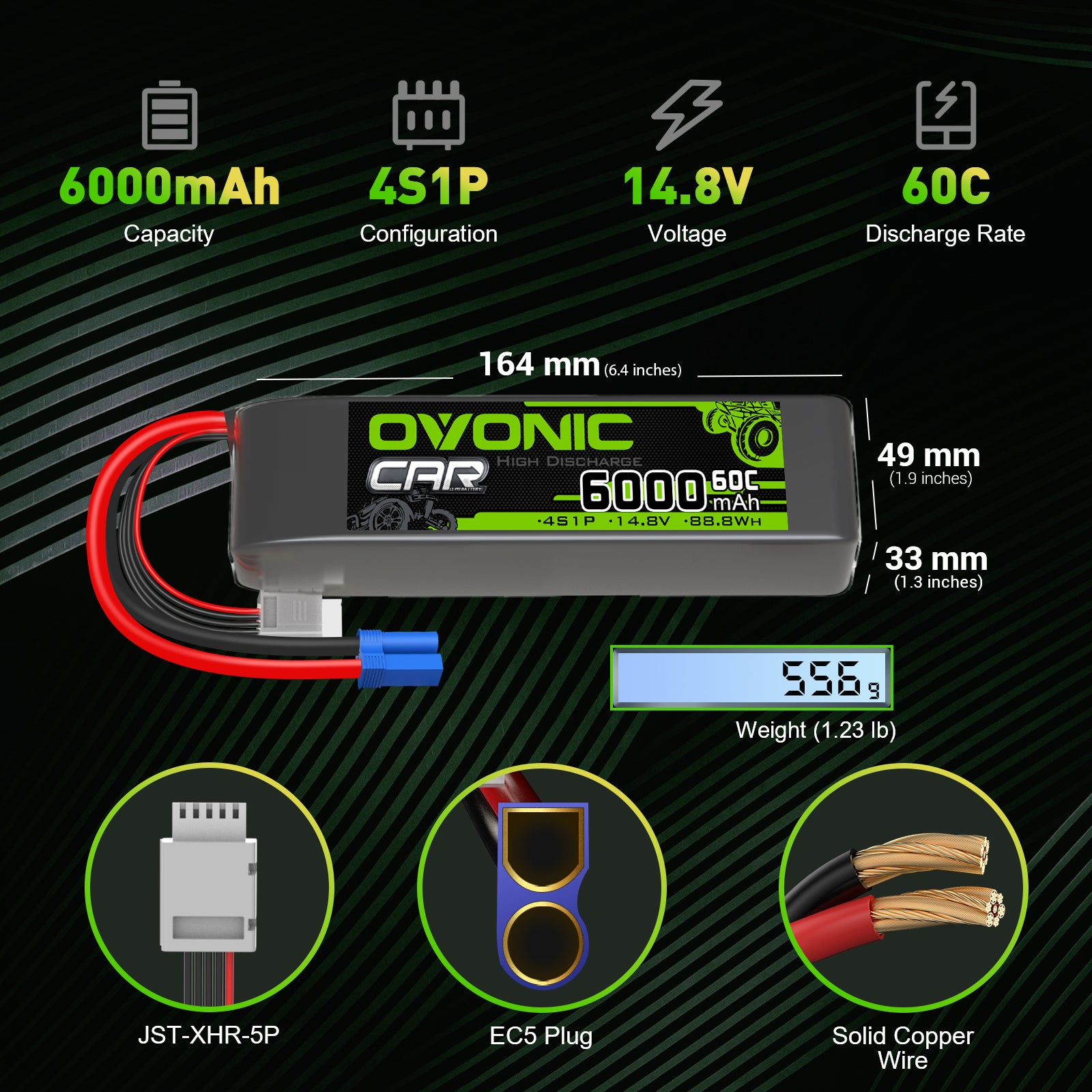 Ovonic 60C 14.8V 6000mAh 4S LiPo Battery Pack for 4s &8s RC car Arrma Truck - EC5 Plug
