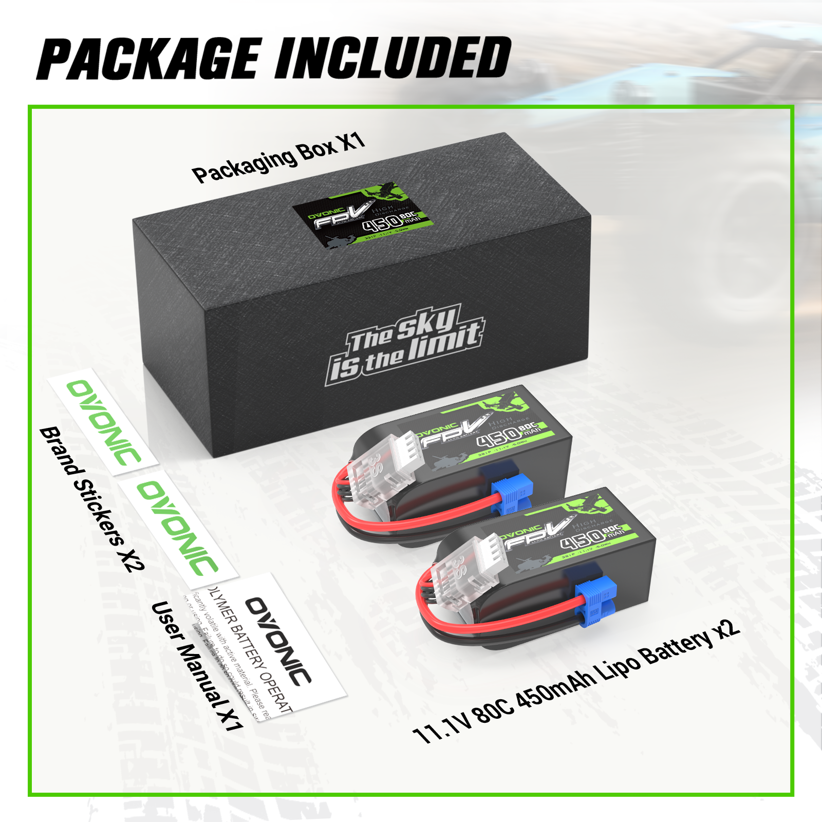 2 x OVONIC 11.1V 80C 450mAh 3S Lipo Battery Long Size with EC2 Plug