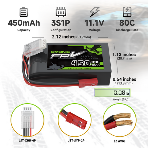 2 x OVONIC 11.1V 80C 450mAh 3S Lipo Battery with JST Plug