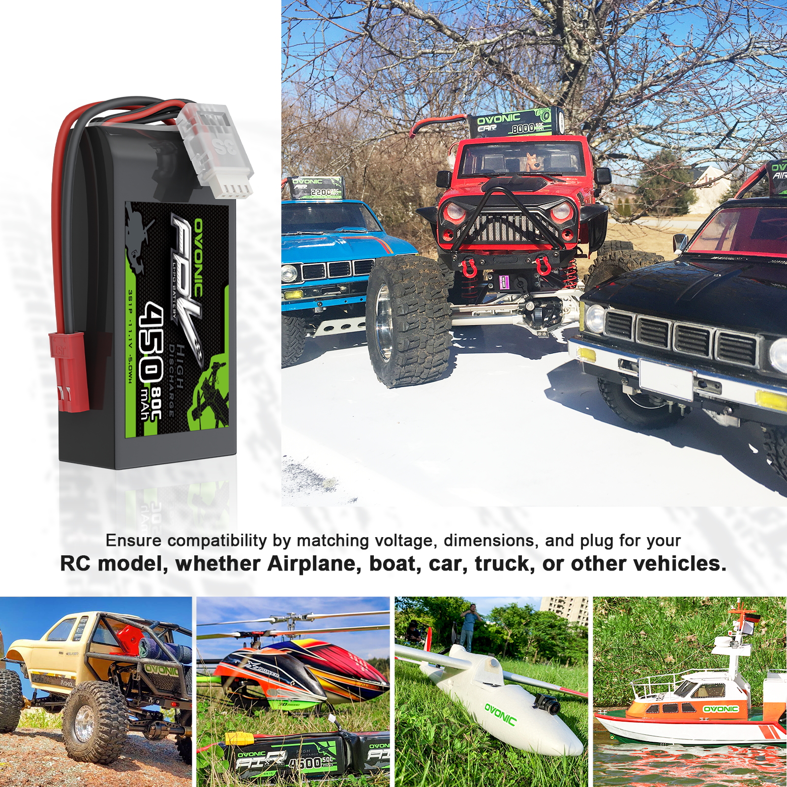 2 x OVONIC 11.1V 80C 450mAh 3S Lipo Battery with JST Plug