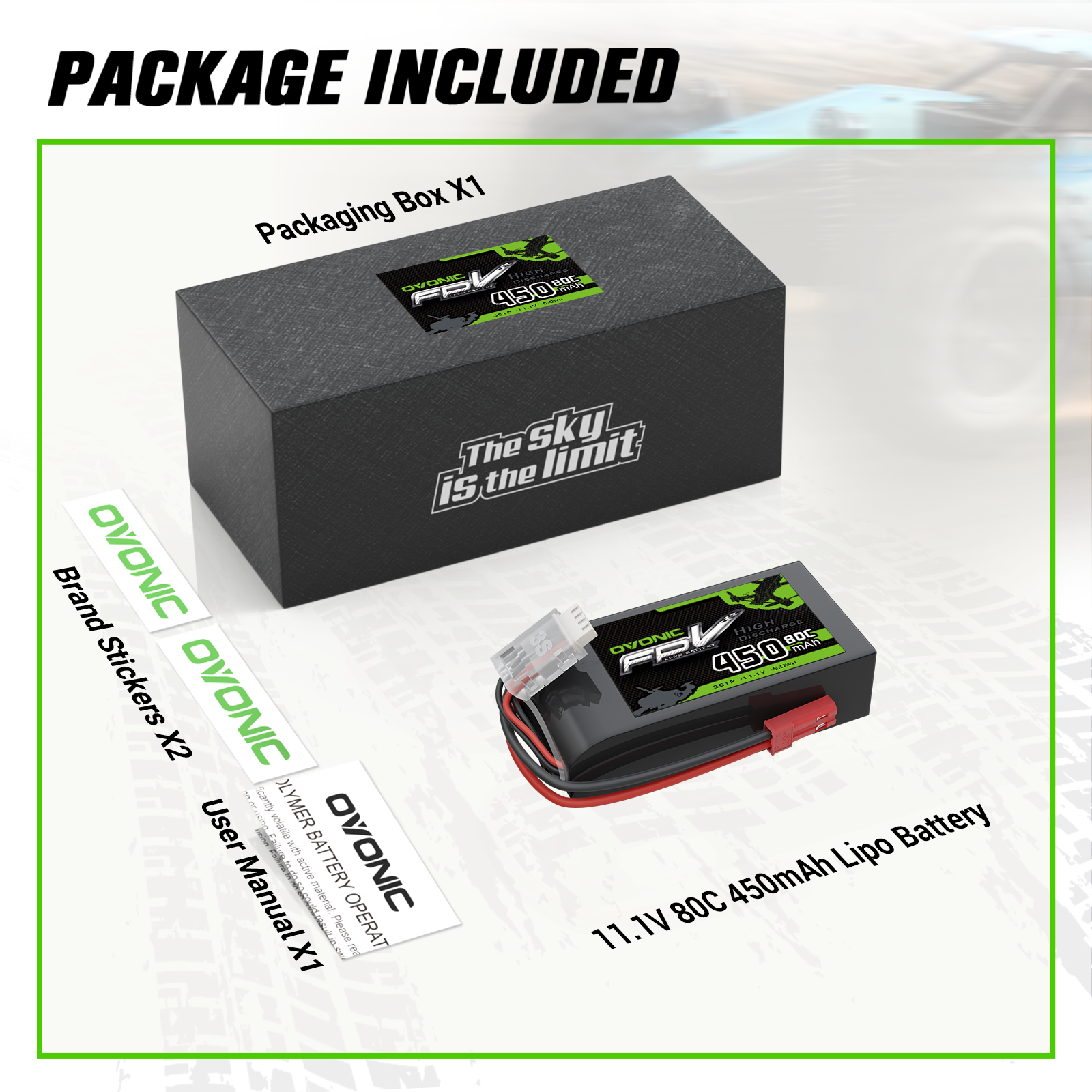 2 x OVONIC 11.1V 80C 450mAh 3S Lipo Battery with JST Plug