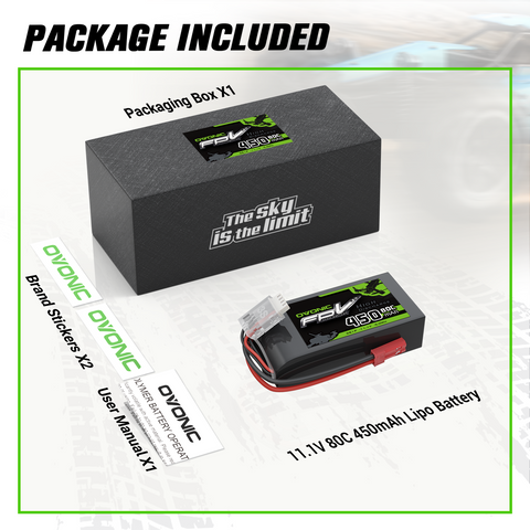 2 x OVONIC 11.1V 80C 450mAh 3S Lipo Battery with JST Plug