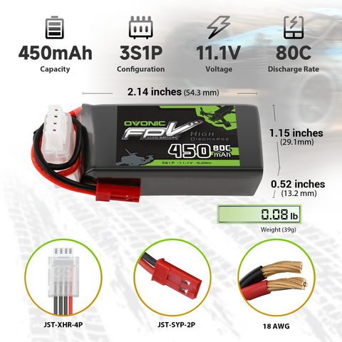 OVONIC 11.1V 80C 450mAh 3S Lipo Battery with JST Plug