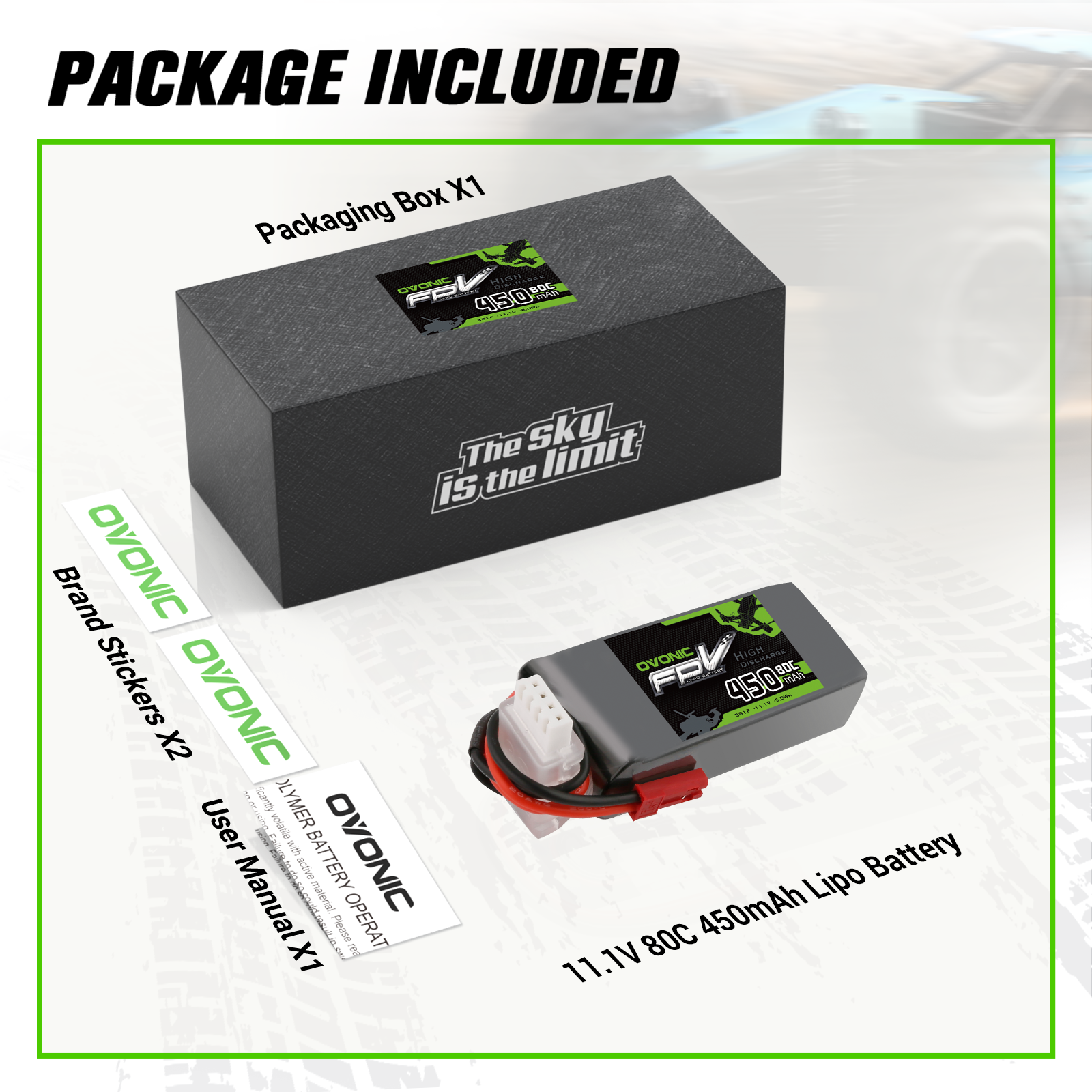 OVONIC 11.1V 80C 450mAh 3S Lipo Battery with JST Plug