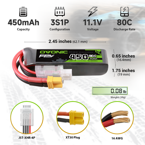 2 x OVONIC 11.1V 80C 450mAh 3S Lipo Battery Long Size with XT30 Plug