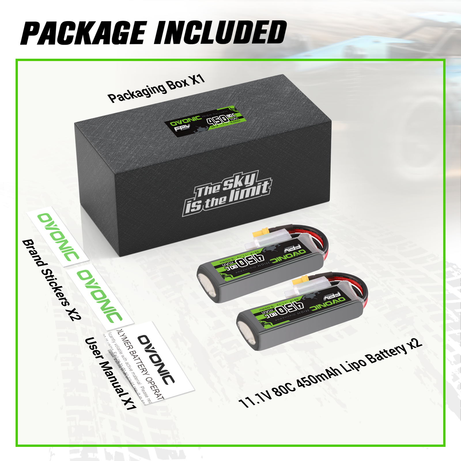 2 x OVONIC 11.1V 80C 450mAh 3S Lipo Battery Long Size with XT30 Plug