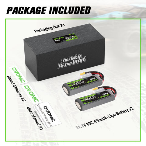 2 x OVONIC 11.1V 80C 450mAh 3S Lipo Battery Long Size with XT30 Plug