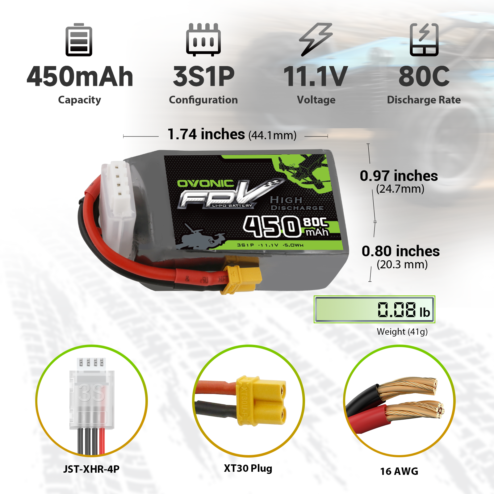 OVONIC 11.1V 80C 450mAh 3S Lipo Battery with XT30 Plug