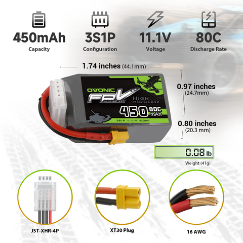 OVONIC 11.1V 80C 450mAh 3S Lipo Battery with XT30 Plug