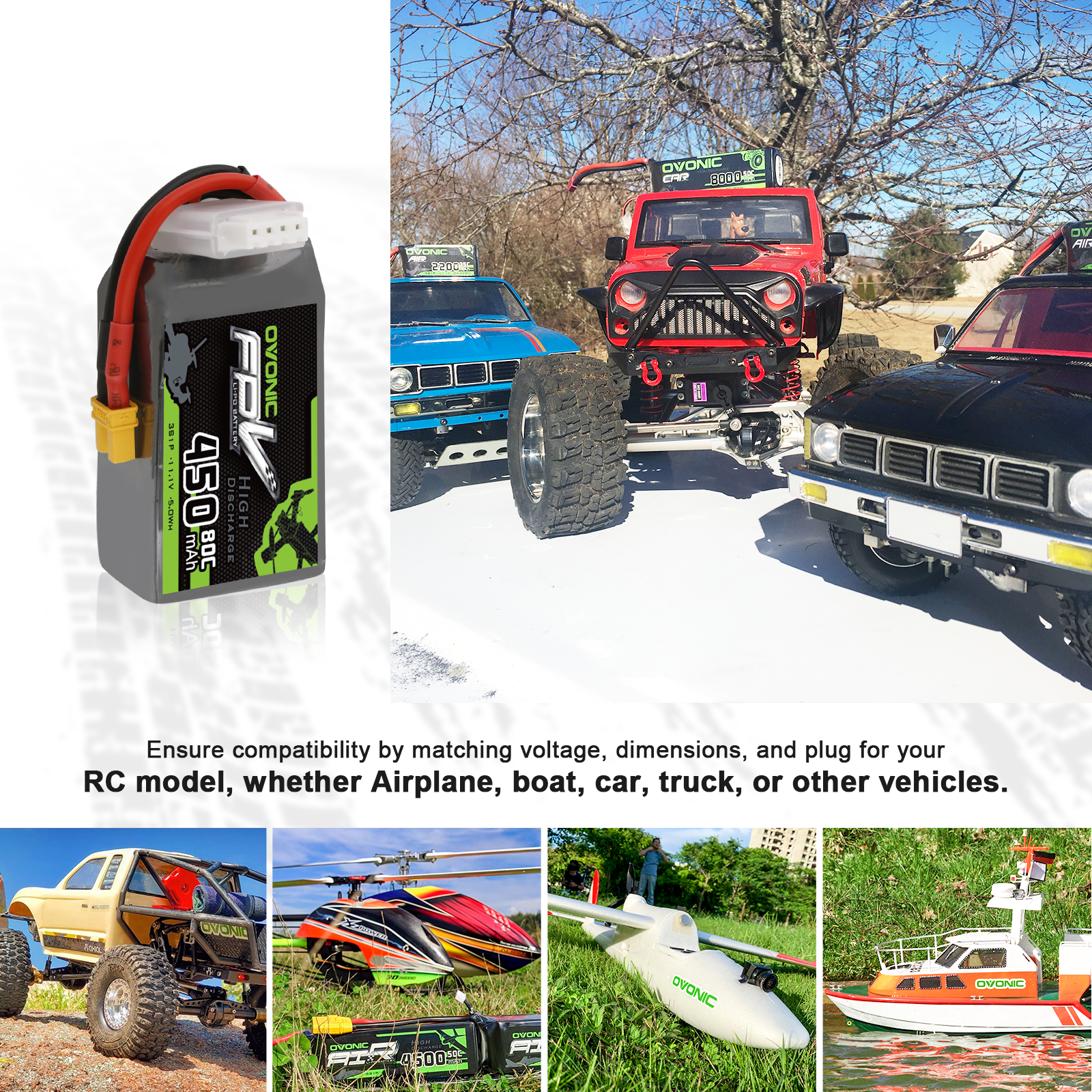 OVONIC 11.1V 80C 450mAh 3S Lipo Battery with XT30 Plug