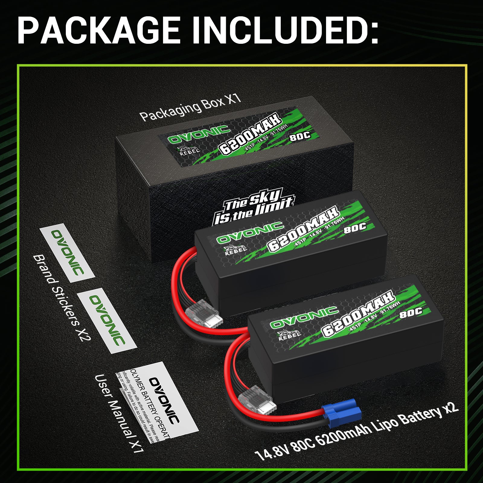 OVONIC Batterie Lipo 2S 6200mAh 7.4V 50C Avec Fiche T - Pour Camion RC Truggy