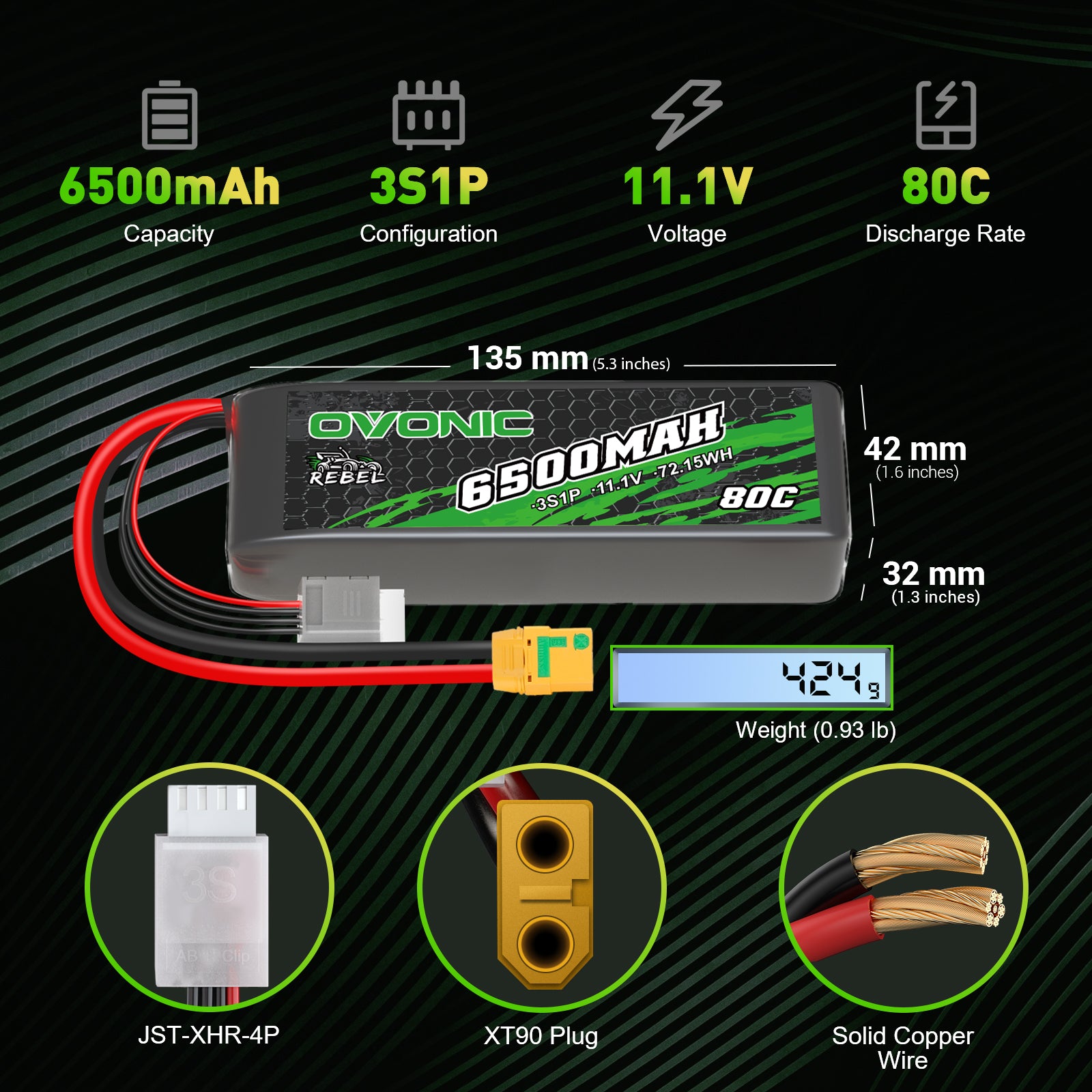 Ovonic Rebel 80C 6500mAh 3S 11.1V LiPo Battery for ARRMA 3S&6S- XT90 Plug