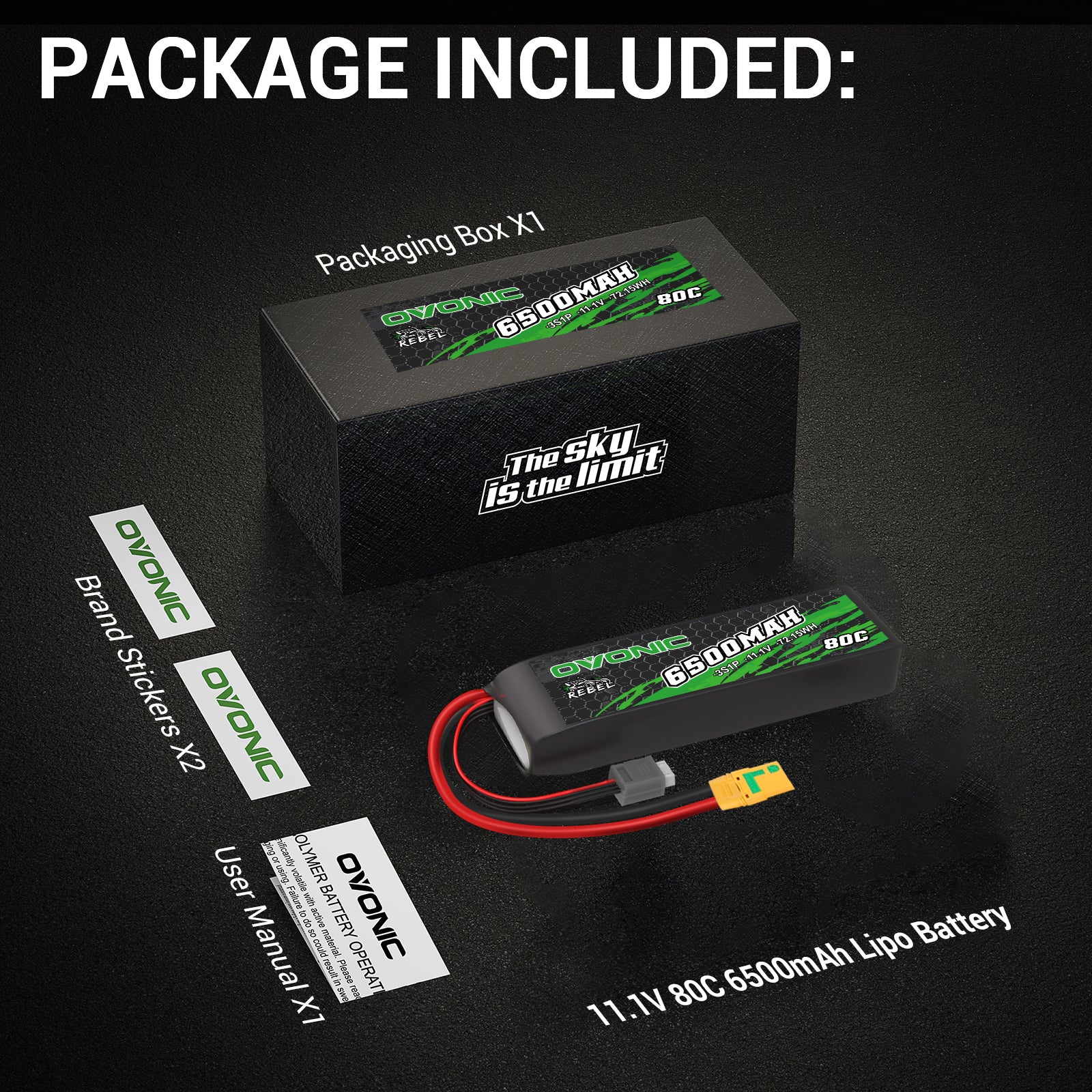 Ovonic Rebel 80C 6500mAh 3S 11.1V LiPo Battery for ARRMA 3S&6S- XT90 Plug