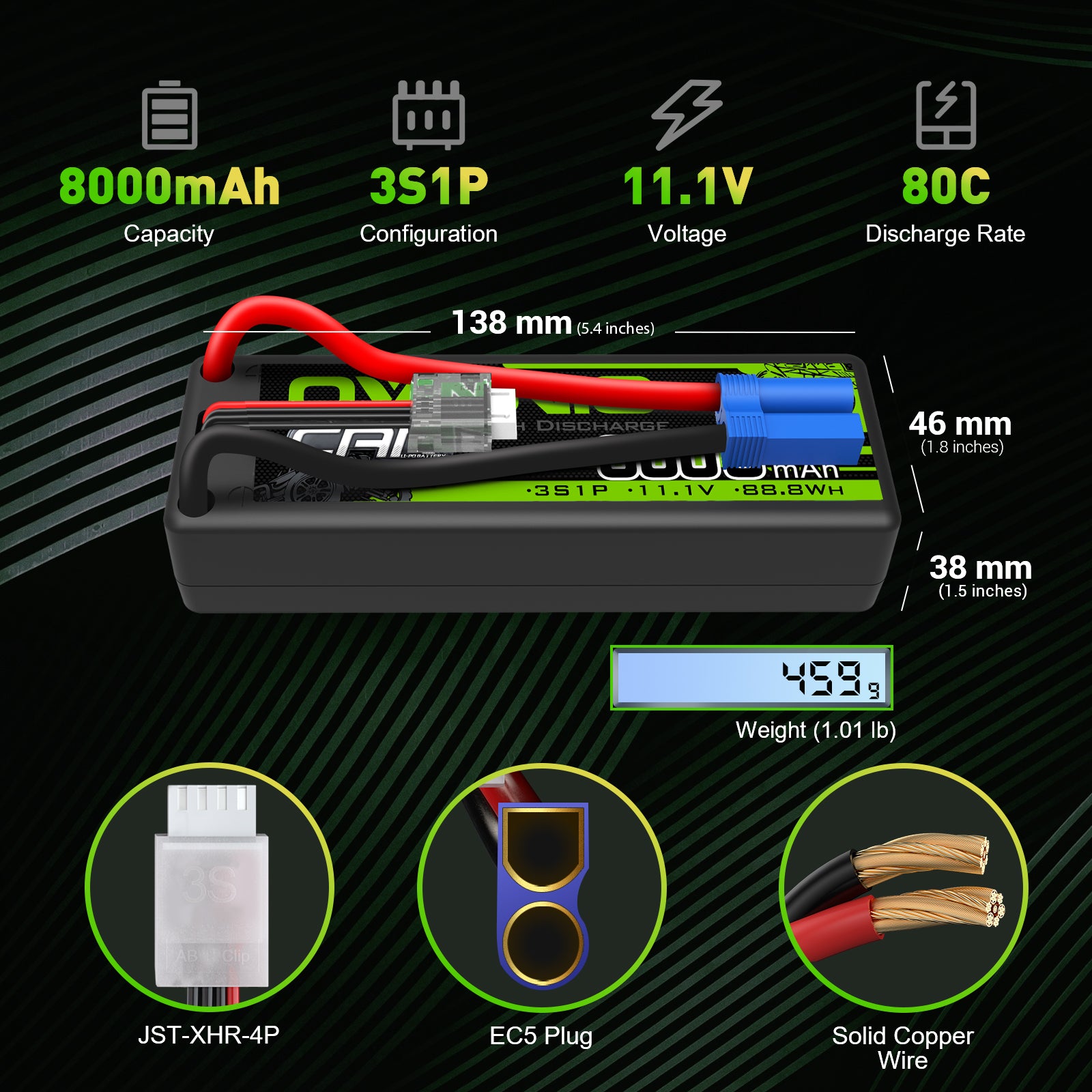Ovonic 80C 3S 8000mAh 11.1V LiPo Battery for 1/8 1/10 Buggy Truck Car - EC5 & XT60 Plug