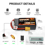 2×Ovonic 120C 1300mAh 4S 14.8V LiPo Battery Pack for FPV Racing with XT60 Plug