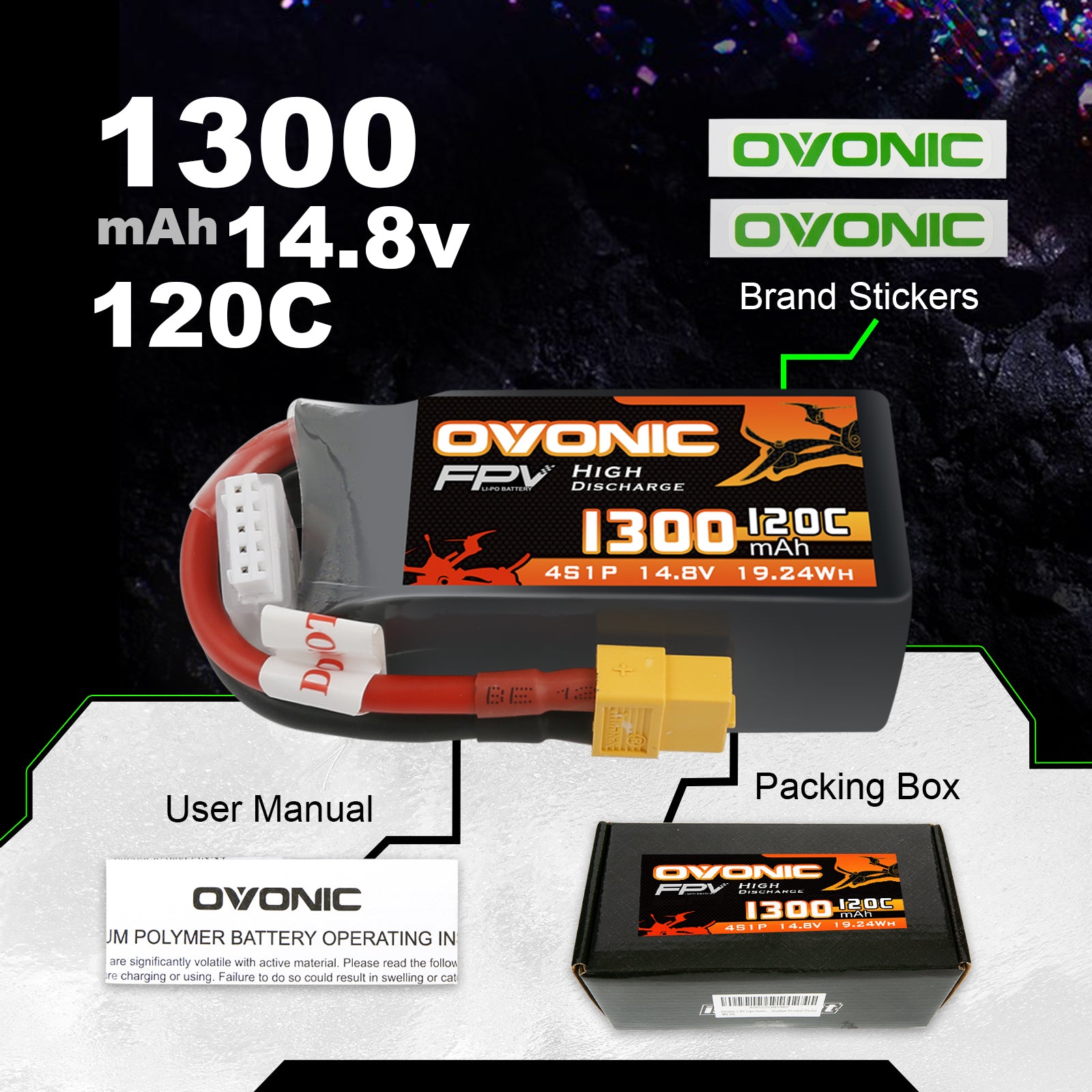 2×Ovonic 120C 1300mAh 4S 14.8V LiPo Battery Pack for FPV Racing with XT60 Plug