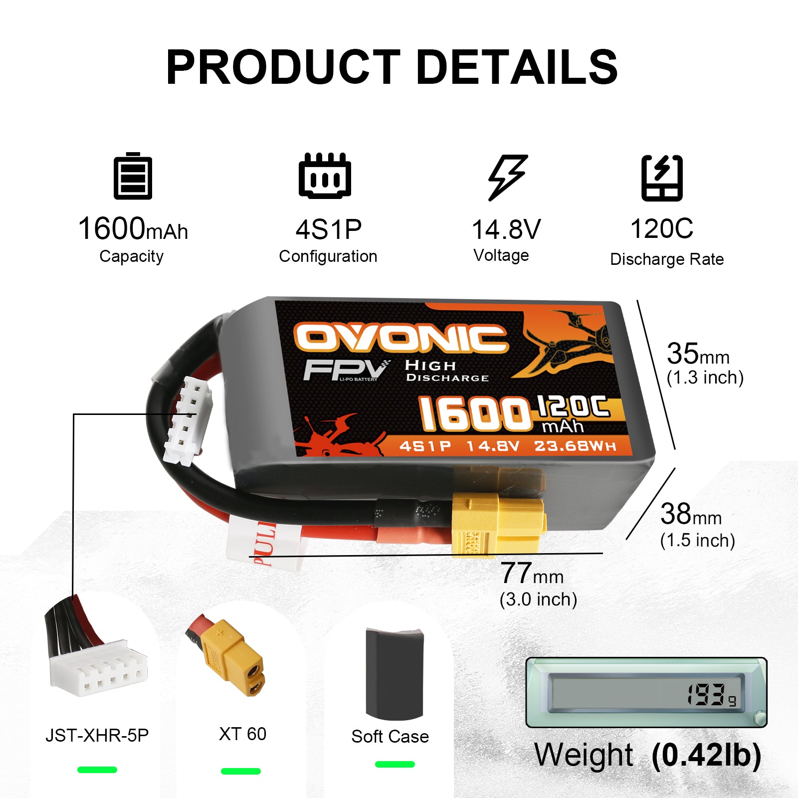 Ovonic 120C 14.8V 1600mAh 4S LiPo Battery Pack for FPV Racing with XT60 Plug