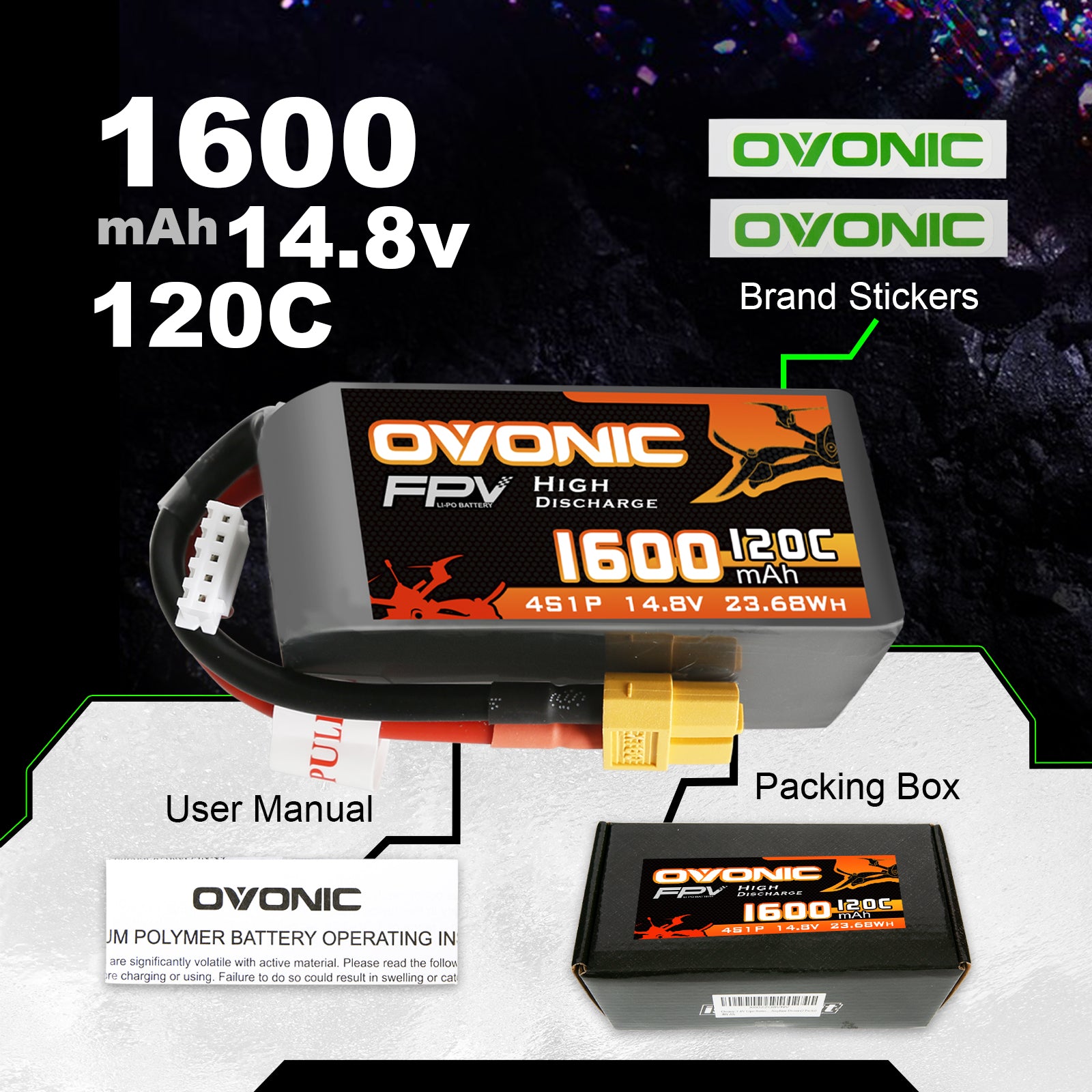 2×Ovonic 120C 14.8V 1600mAh 4S LiPo Battery Pack for FPV Racing with XT60 Plug
