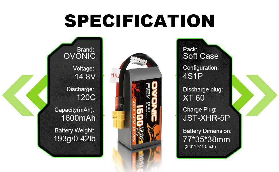 2×Ovonic 120C 14.8V 1600mAh 4S LiPo Battery Pack for FPV Racing with XT60 Plug