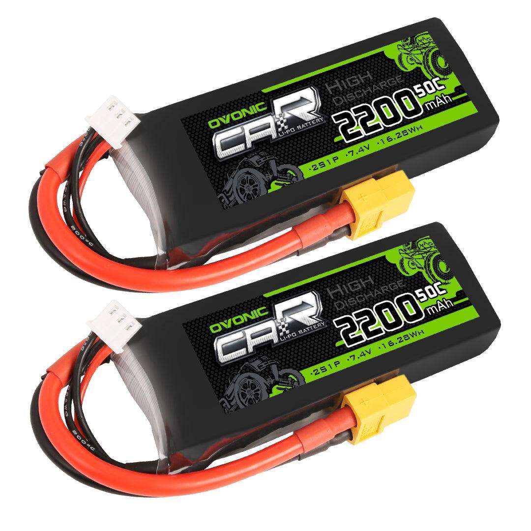 [2 Packs] OVONIC 7.4V 2200mAh 2S1P 50C Lipo Battery with XT60 & Trx Plug for 1/16 1/18 TRA Cars - Ampow