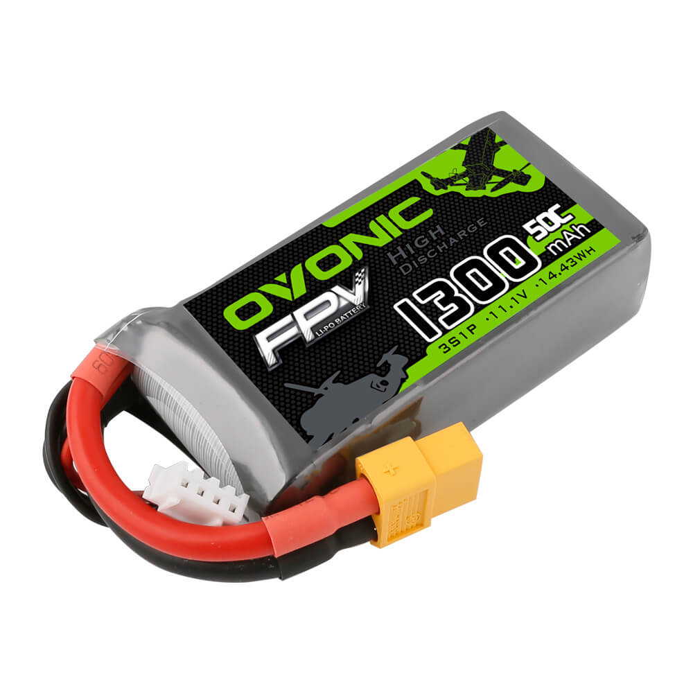 OVONIC 11.1V 3S 1300mAh 50C LiPo Battery Pack with XT60 Plug for FPV Drone - Ampow
