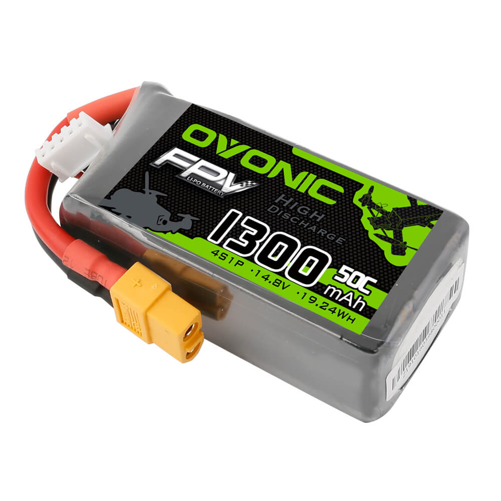 OVONIC 50C 1300mAh 14.8V 4S LiPo Battery Pack with XT60 Plug for Drone FPV Quadcopter - Ampow