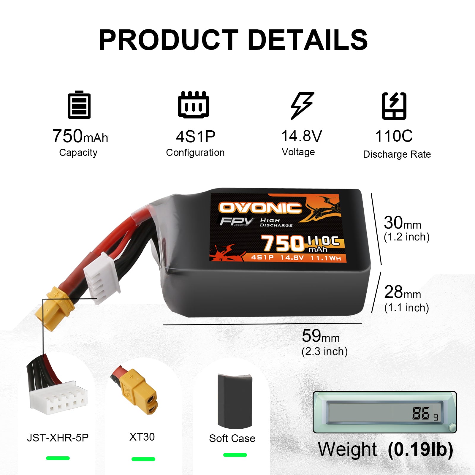 2x Ovonic 110C 4S 750mah Lipo Battery 14.8V Pack with XT30 Plug for FPV Racing FPV Ampow