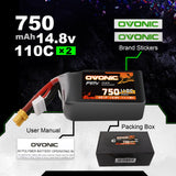 2x Ovonic 110C 4S 750mah Lipo Battery 14.8V Pack with XT30 Plug for FPV Racing FPV Ampow