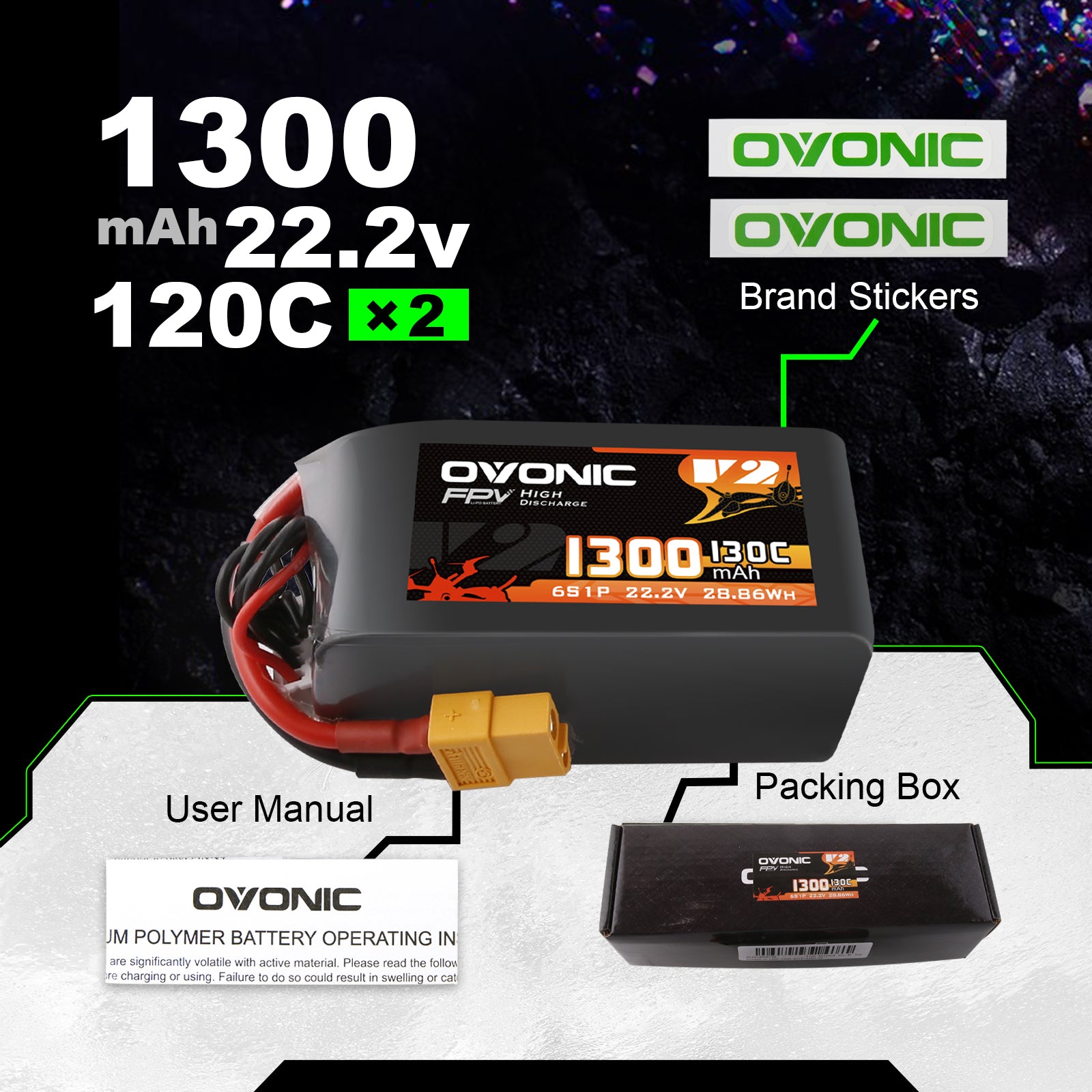 2x Ovonic 130C 6S 1300mah Lipo Battery 22.2V Pack with XT60 Plug for FPV Racing FPV Ampow