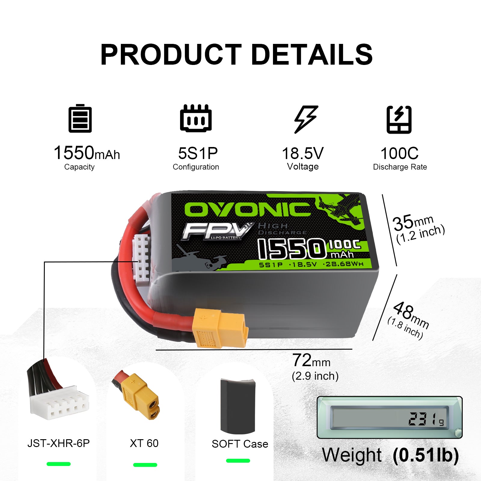 OVONIC 5S 1550mAh 100C Lipo Battery - 18.5V With XT60 Connector For FPV Racing Drones & Quadcopters