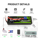 OVONIC 7.4V 5200mAh 2S1P 50C Hardcase Lipo Battery 24# with XT60 Plug for RC Car Trucks