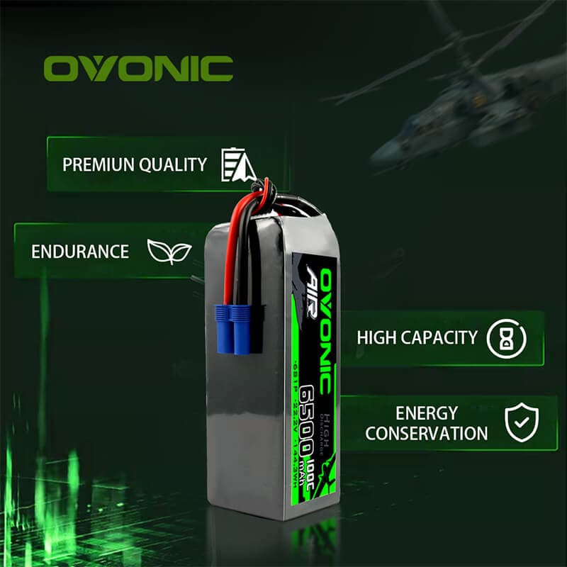 Ovonic 100C 22.2V 6500mAh 6S1P Lipo Battery with EC5 Plug for 1/7 to 1/8 1/10 Arrma car - Ampow