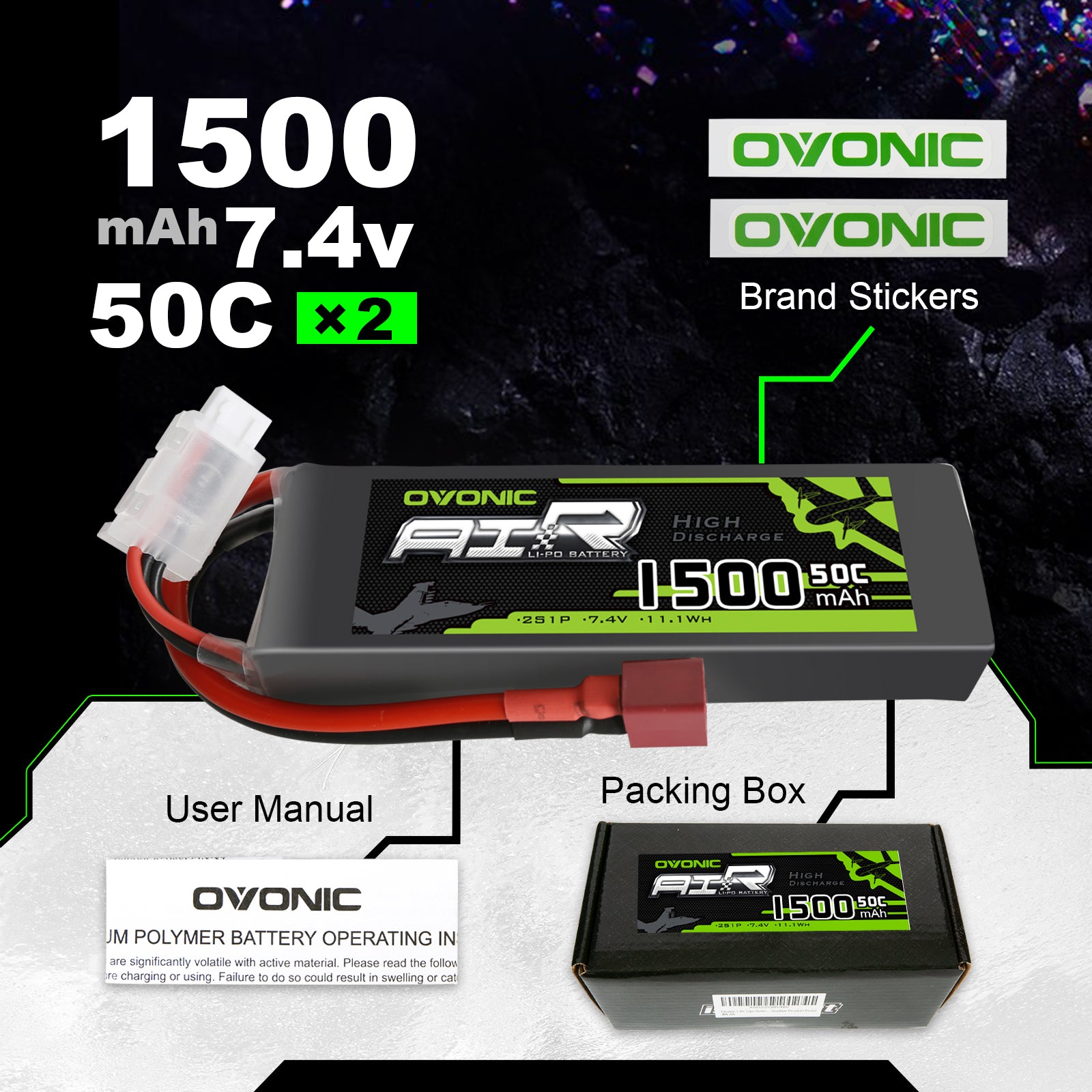2×OVONIC 7.4V 1500mAh 2S 50C Lipo Battery Pack with Dean Plug