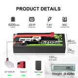 2×OVONIC 7.4V 6200mAh 2S1P 50C Hardcase Lipo Battery with Deans Plug for RC Monster truck