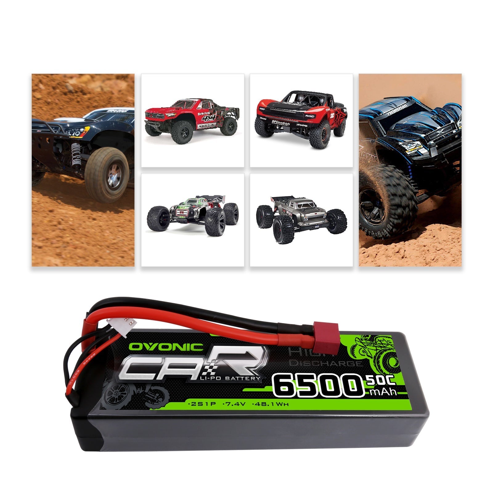 OVONIC 7.4V 6500mAh 2S 50C Hardcase LiPo Battery Pack 24# with Deans Style T Plug Connectors - Ampow