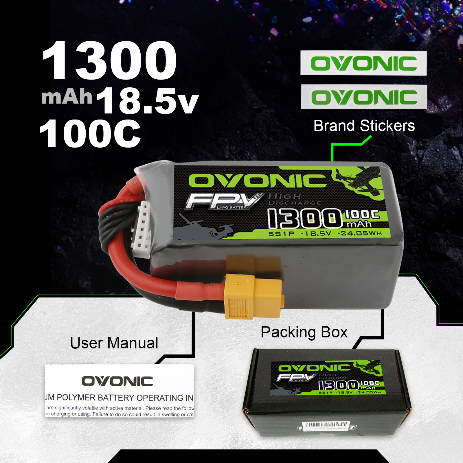OVONIC 5S LiPo Battery Pack 1300mAh 100C 18.5V with XT60 Plug for Quadcopter Drone