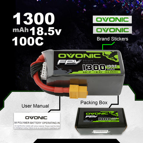 OVONIC 5S LiPo Battery Pack 1300mAh 100C 18.5V with XT60 Plug for Quadcopter Drone