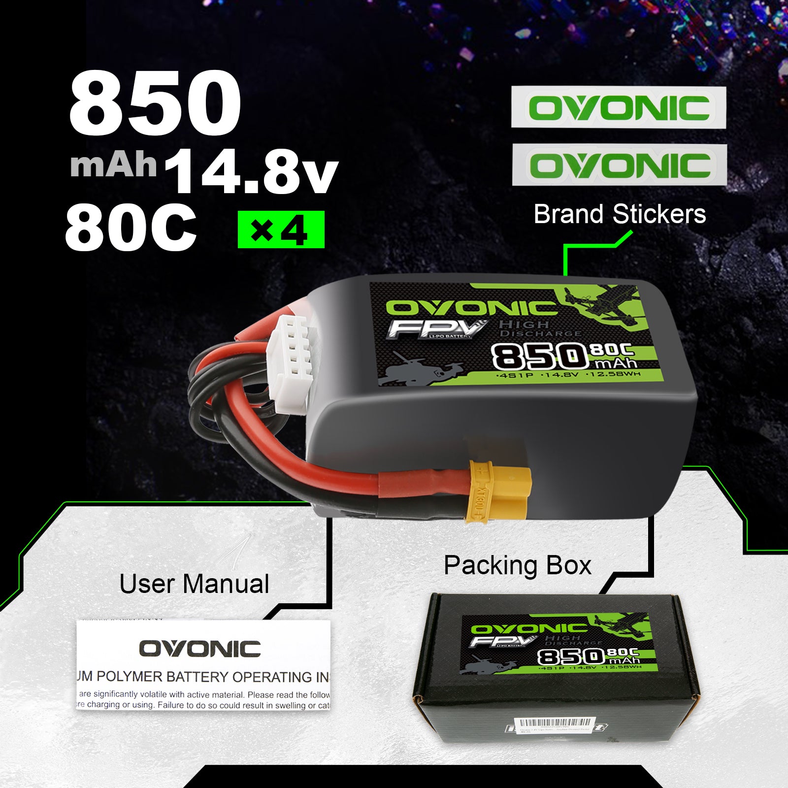 4×Ovonic 80C 4S 850mAh Lipo Battery 14.8V with XT30 Plug for Cinewhoops