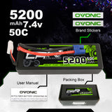 OVONIC 7.4V 5200mAh 2S1P 50C Hardcase Lipo Battery 24# with XT60 Plug for RC Car Trucks