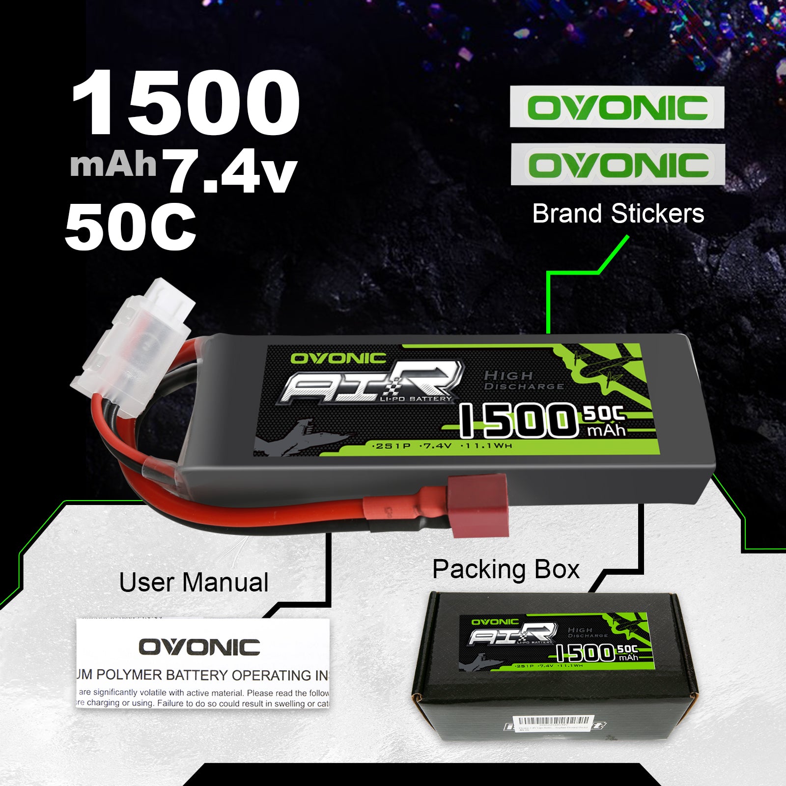 OVONIC 7.4V 50C 2S 1500mAh LiPo Battery Pack with Deans Plug for Foamy Airplane 1/16 Car