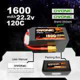 2×Ovonic 120C 6S 1600mAh LiPo Battery 22.2V for FPV Racing with XT60 Plug