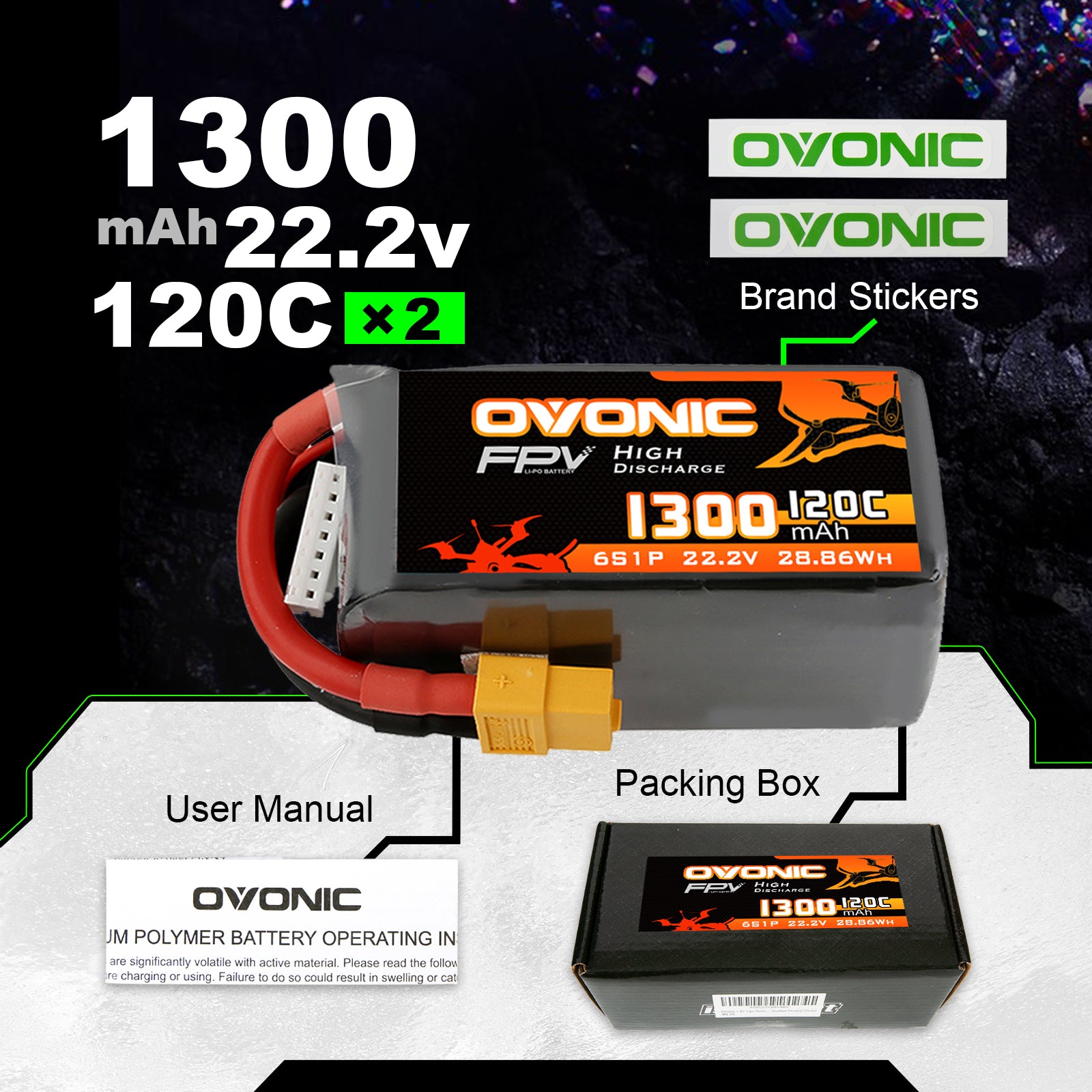 4×Ovonic 120C 6S 1300mAh 22.2V LiPo Battery Pack for FPV Racing - XT60 Plug