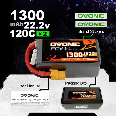 4× Ovonic 1300mAh 6S 22.2V 120C LiPo Battery Pack with XT60 Plug for 5-6 Inch FPV Racing Freestyle Long Range Drones