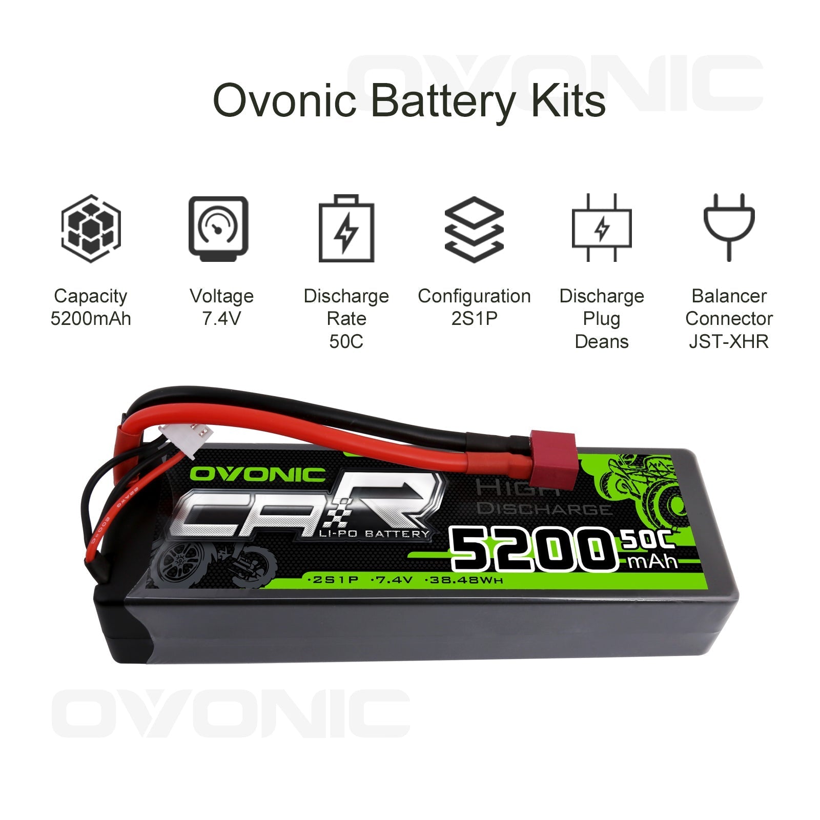 OVONIC 7.4V 5200mAh 2S 50C Hardcase Lipo Battery Pack with Deans Plug - Ampow