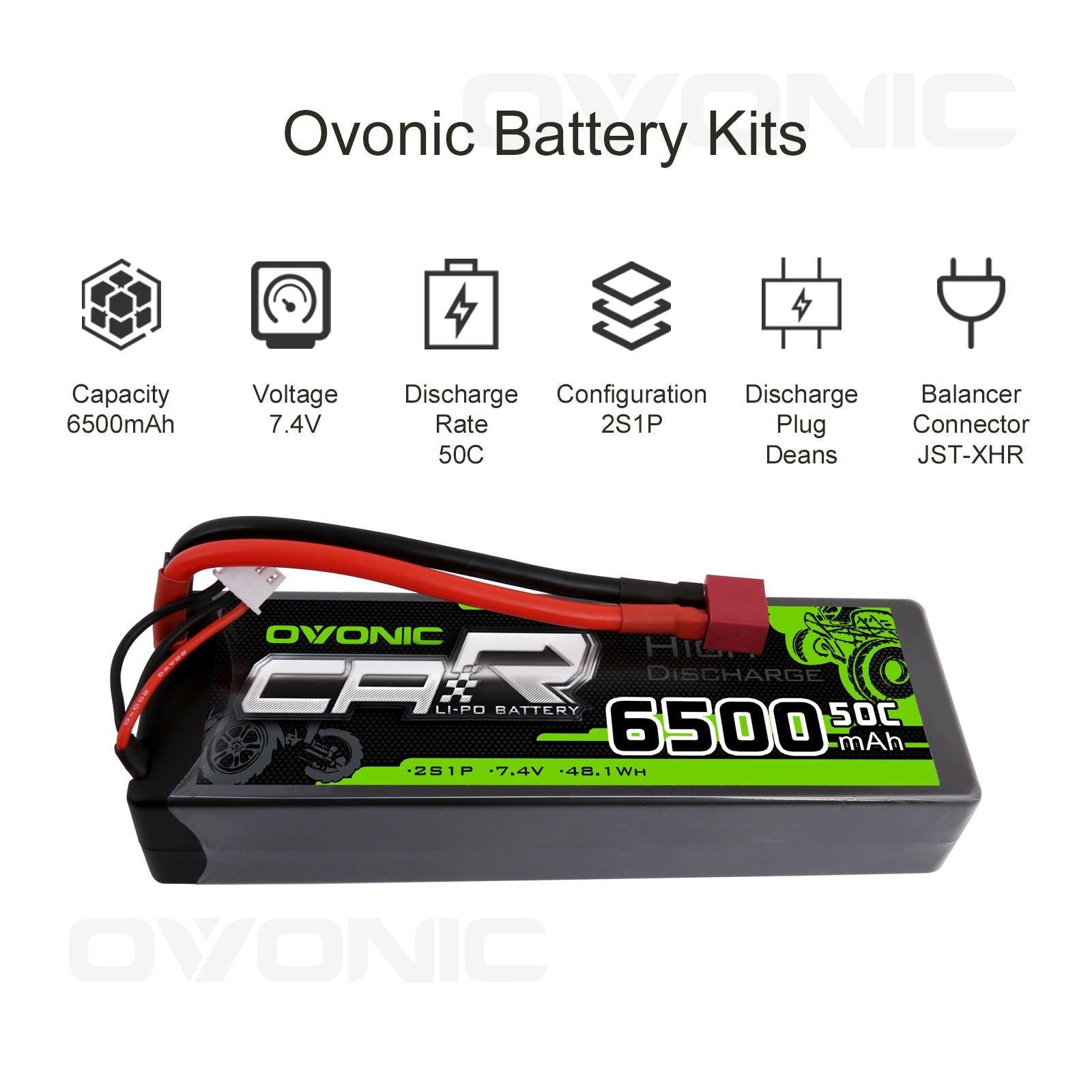 OVONIC 7.4V 6500mAh 2S 50C Hardcase LiPo Battery Pack 24# with Deans Style T Plug Connectors - Ampow