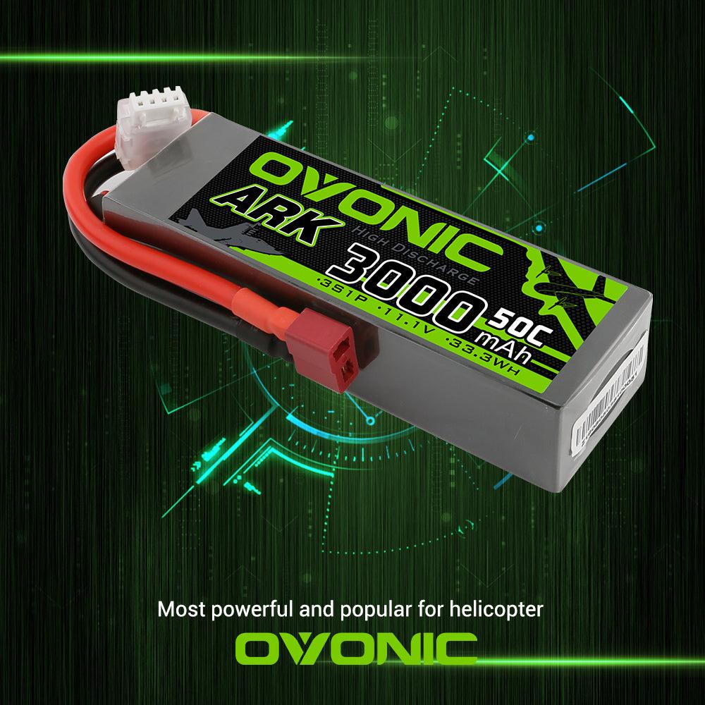 [2 Packs] OVONIC ARK 11.1V 50C 3S 3000mAh Lipo Battery with T Plug for Aircraft - Ampow